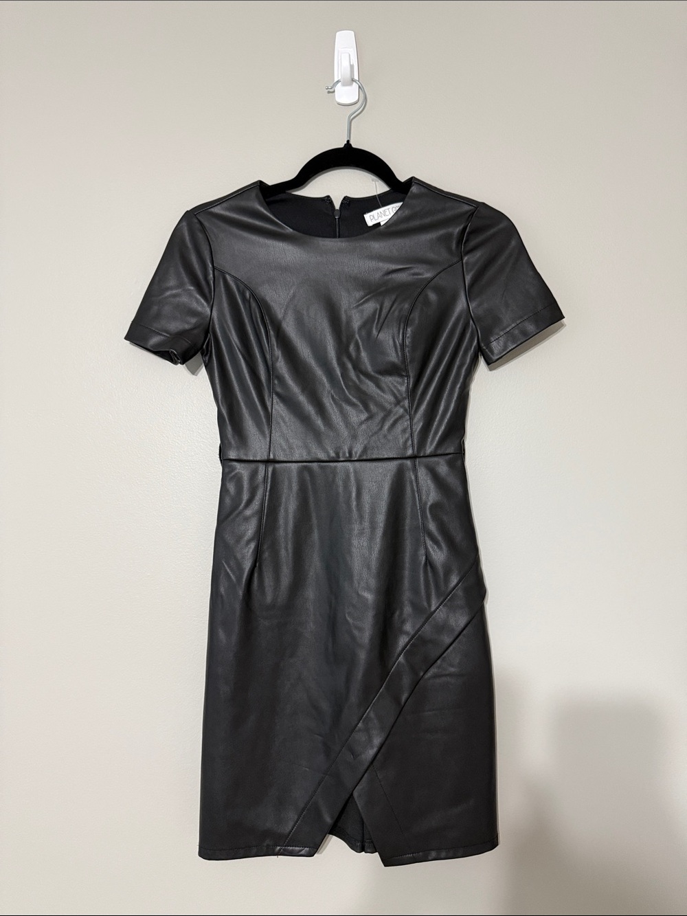 Black Faux Leather Short Sleeve Sheath Dress with Wrap Skirt
